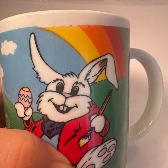 Vtg Bee International Easter Bunny Painting Egg Rainbow Coffee Mug Whimsy READ - Picture 9 of 12